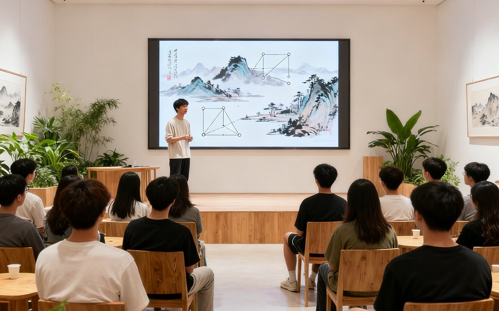 一场面向公众的艺术美学沙龙场景，年轻的主讲人站在大屏幕前讲解中国山水画的构图美学，台下坐满了二十多岁的年轻听众，空间明亮而现代，绿植和原木家具营造出自然舒适的氛围。